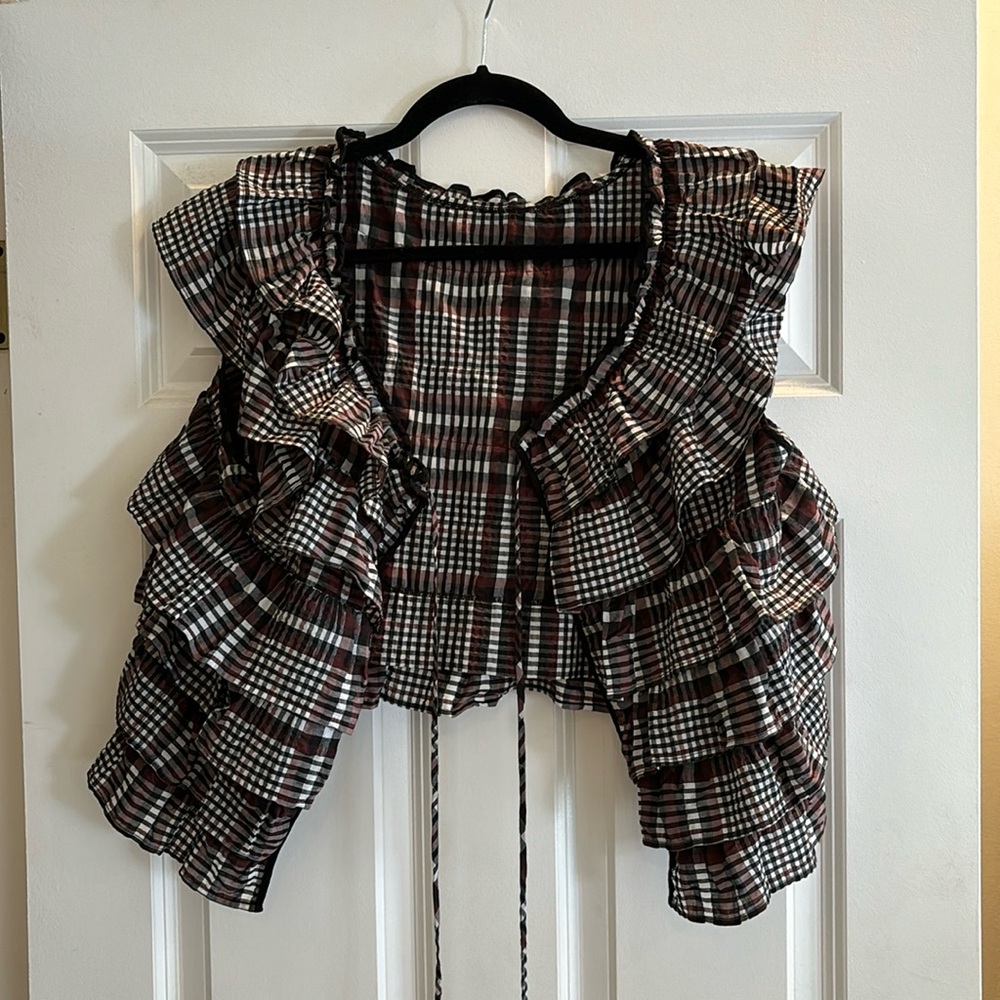 Ganni Check Gingham Open Back Tie Top M
